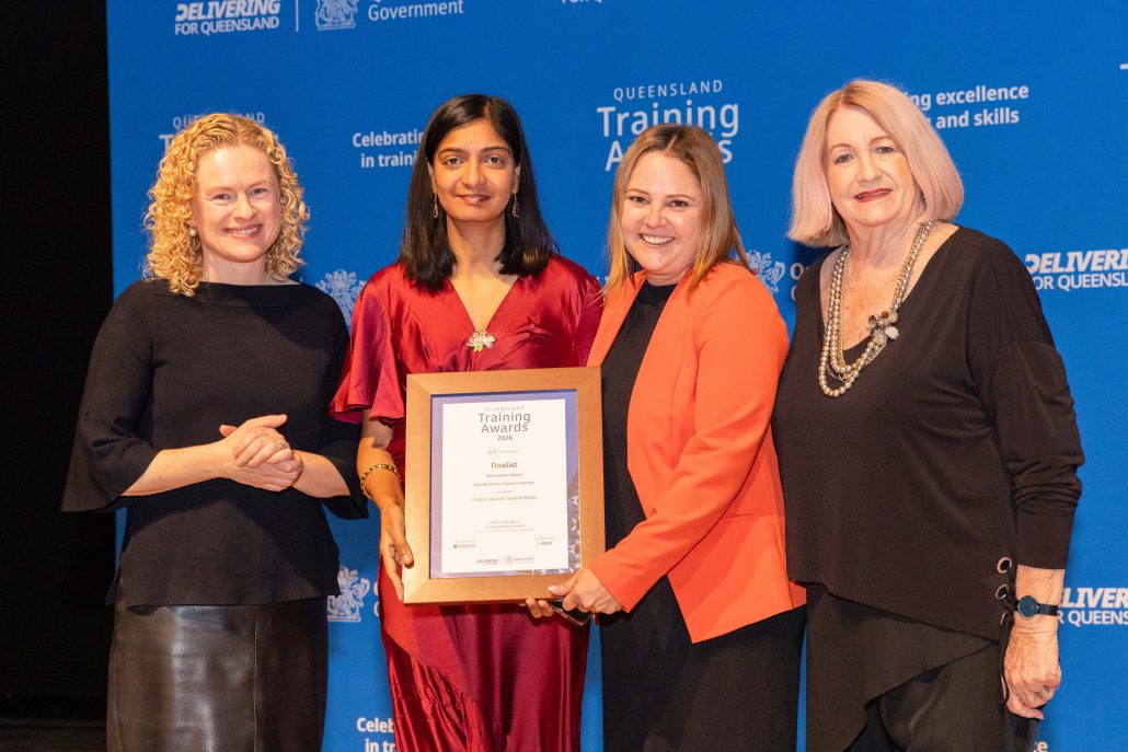 Pooja Lakshmi Suresh Babu receiving the Bob Marshman Trainee of the Year award at the 2026 Queensland Training Awards Metropolitan Regional Final in Brisbane